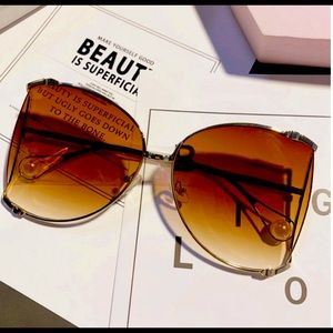 Brown Tinted Sunglasses with Gold Hardware and Pearl Embellishments